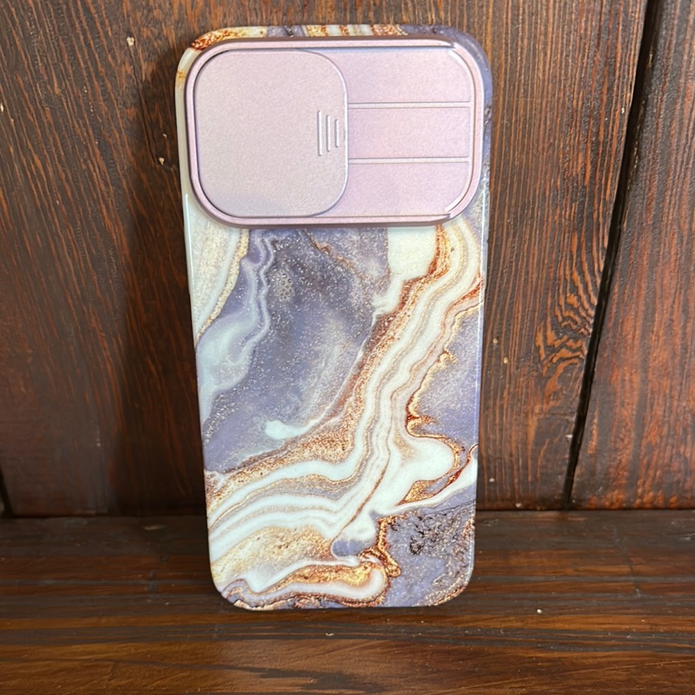 iPhone 14 Pro Max Marble Pattern Phone Case with Camera Cover -Purple and Gold